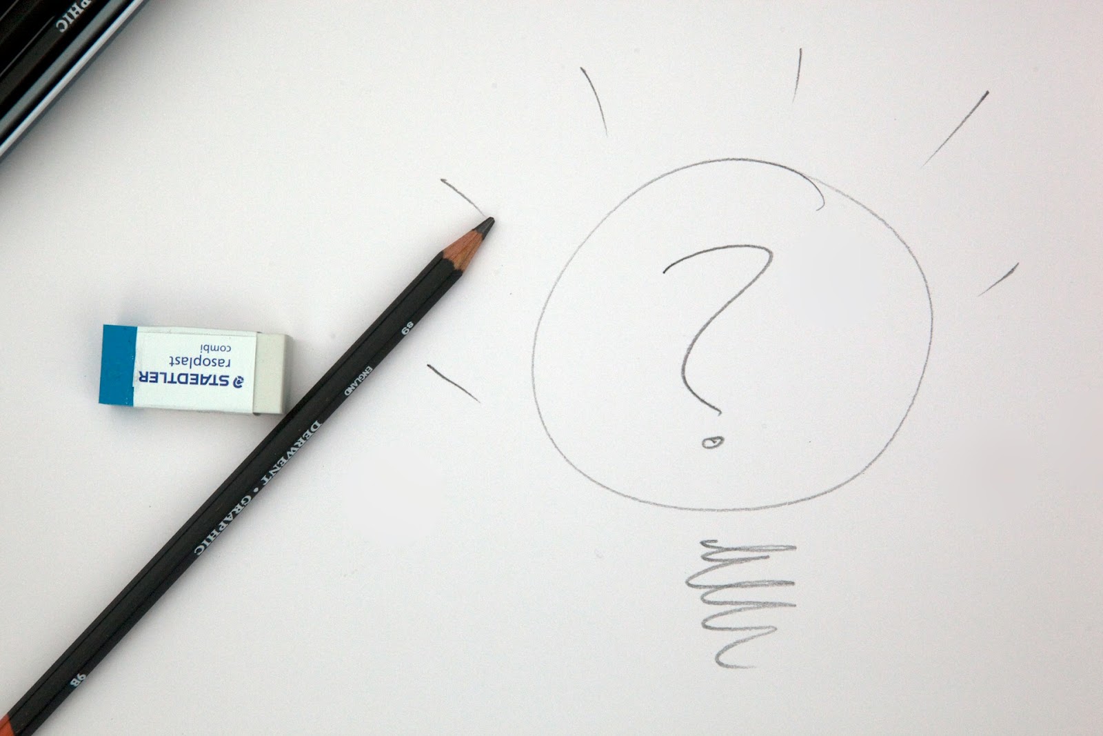 A pencil and eraser next to a hand-drawn lightbulb with a question mark,