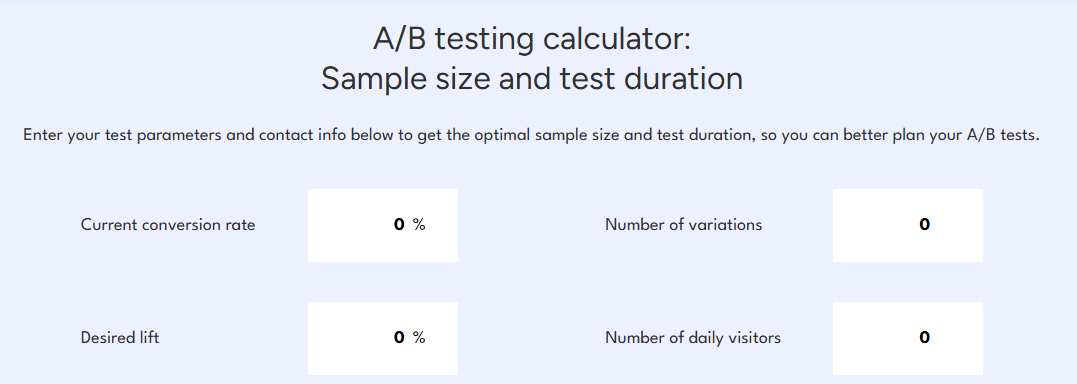 A/B test calculator for sample size and test duration calculations by Unbounce