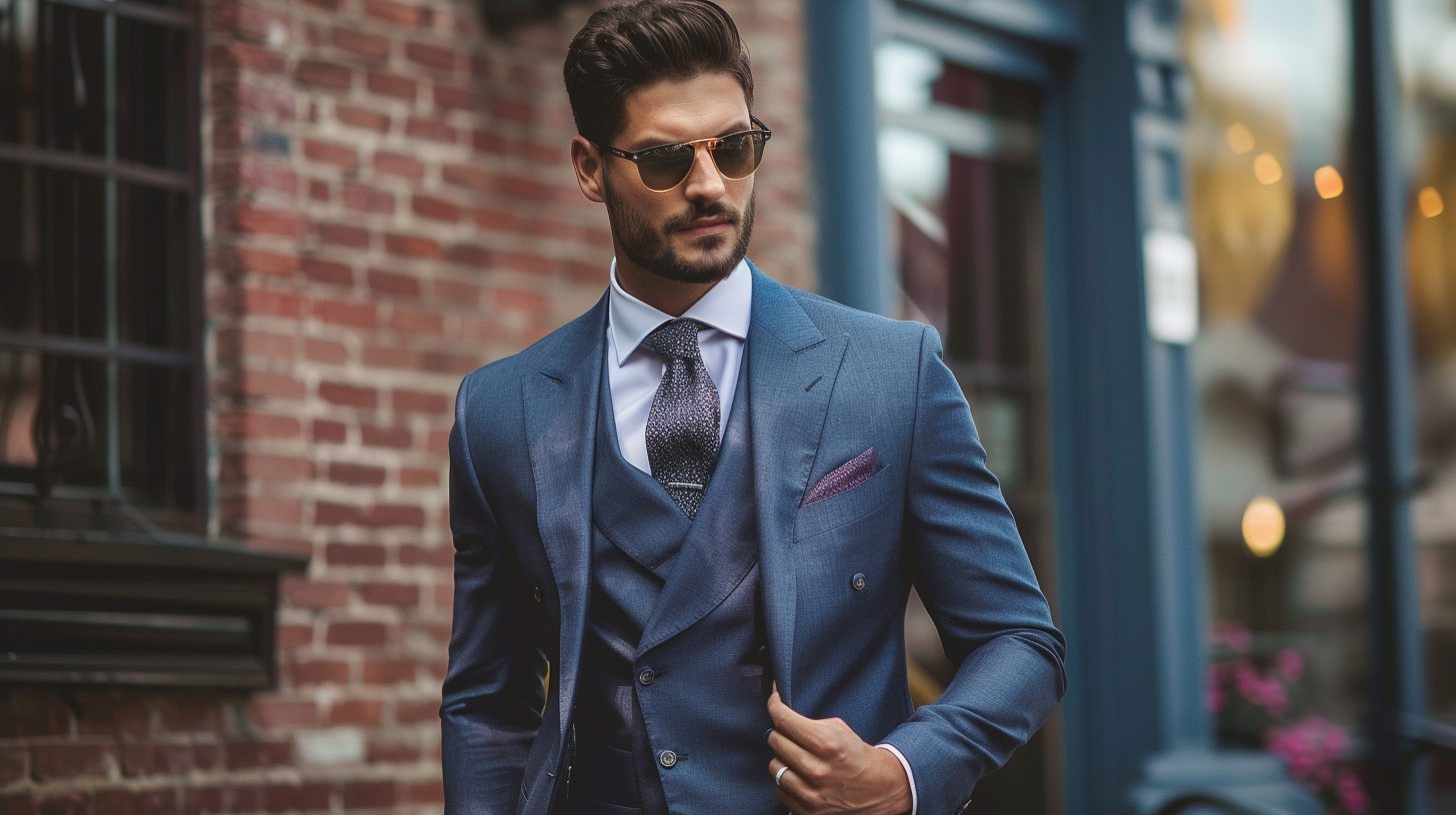 A man wearing a modern fit suit--balanced between slim and classic--with clean tailoring and relaxed confidence, styled for a versatile setting like a wedding, office, or cocktail party, natural or urban background