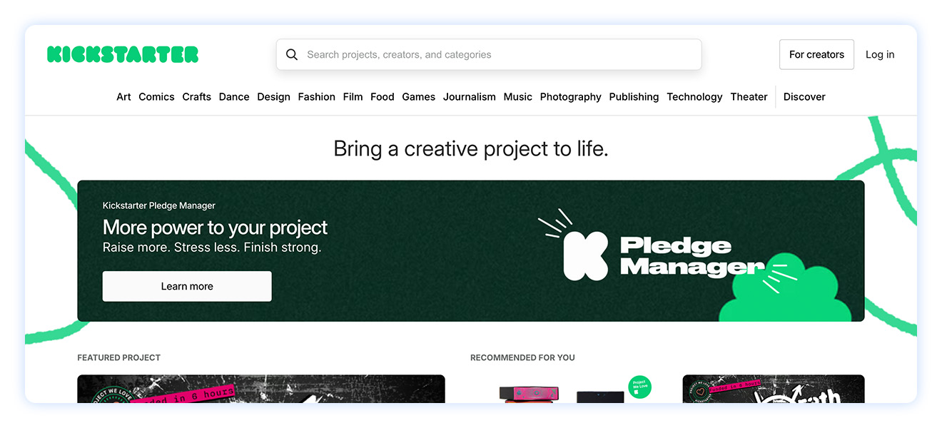 Kickstarter page with a kickstarter pledge manager banner and learn more button. 