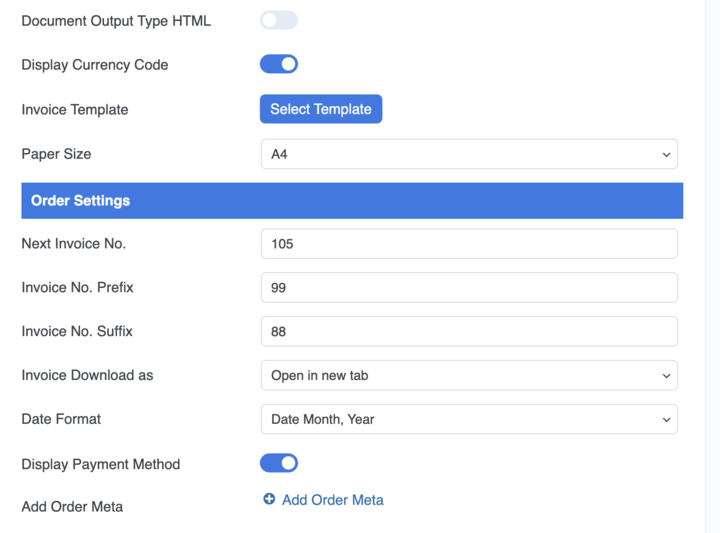 customize order settings in pdf invoice for Woocommerce