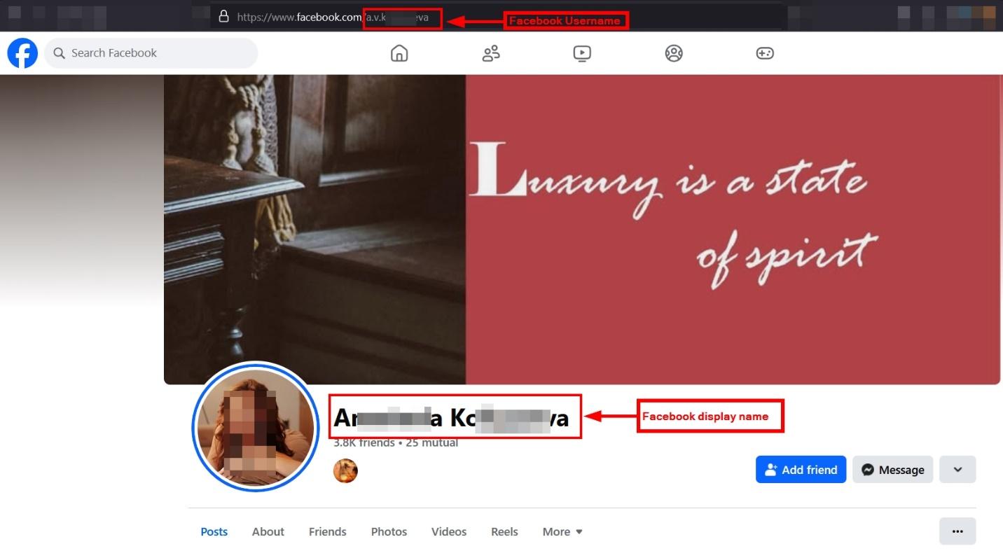 Figure 6 - Facebook username appears in the profile URL, while the Display name appears next to the profile photo  