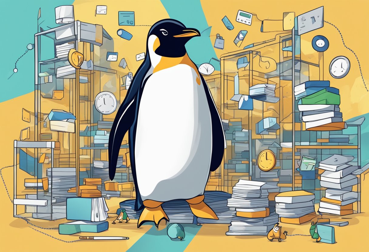 A penguin surrounded by different types of penalties (e.g. link schemes, keyword stuffing) with a Google logo in the background