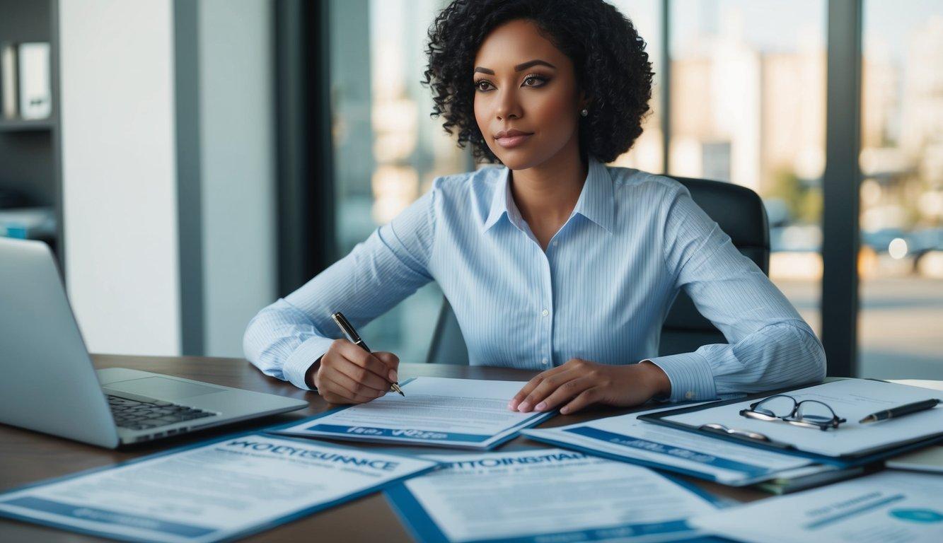 A person sitting at a desk, surrounded by auto insurance documents, with a pen in hand and a focused expression