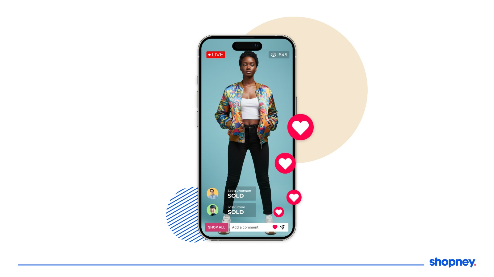 Illustration of a Shopney mobile app with live selling and reactions from customers related to the live selling