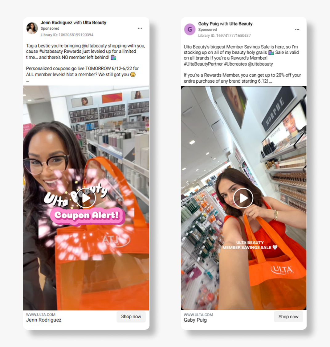 Ulta's Facebook influencer ads