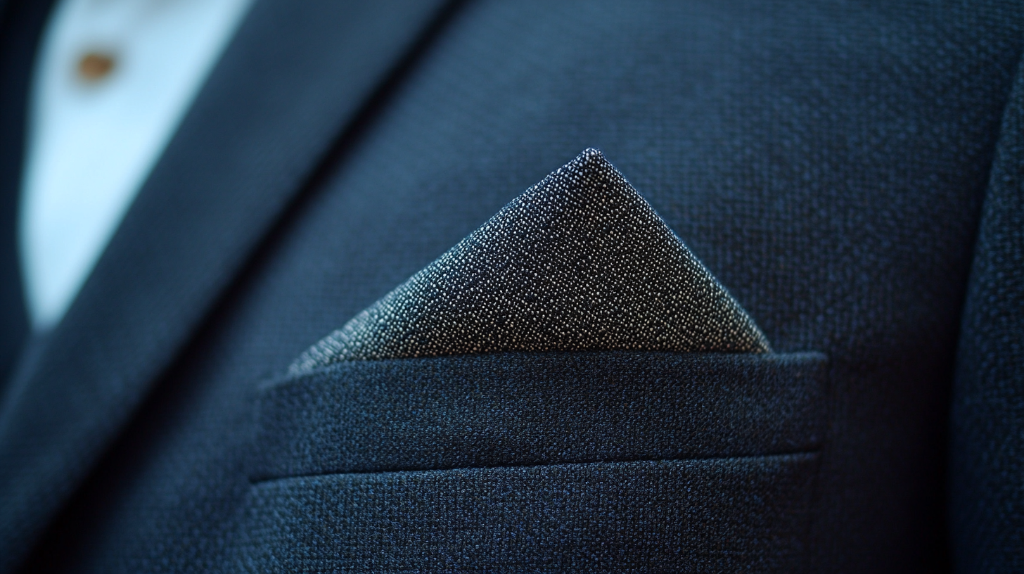 A close-up of a formal suit pocket with a pocket square folded in a classic style, such as the square or triangle fold. The fold is neat, clean, and symmetrical, exuding a timeless elegance. The suit is dark and impeccably tailored, with soft lighting enhancing the refined and professional appearance, ideal for formal or elegant occasions