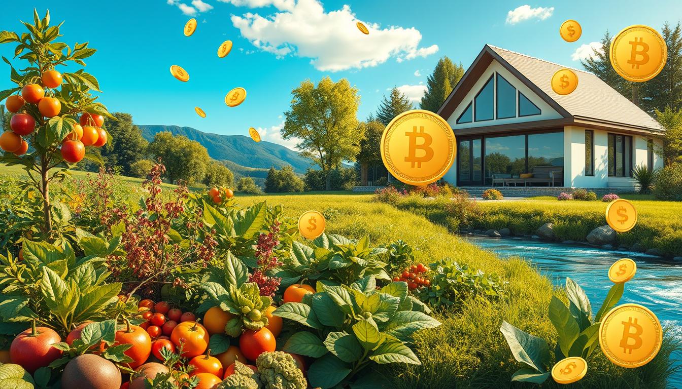 A serene landscape featuring a flourishing garden with abundant fruits and vegetables, a clear blue sky overhead, a peaceful river flowing nearby, and a modern, cozy home in the background; symbols of wealth such as gold coins and dollar bills subtly integrated into nature, all radiating a sense of abundance and tranquility.