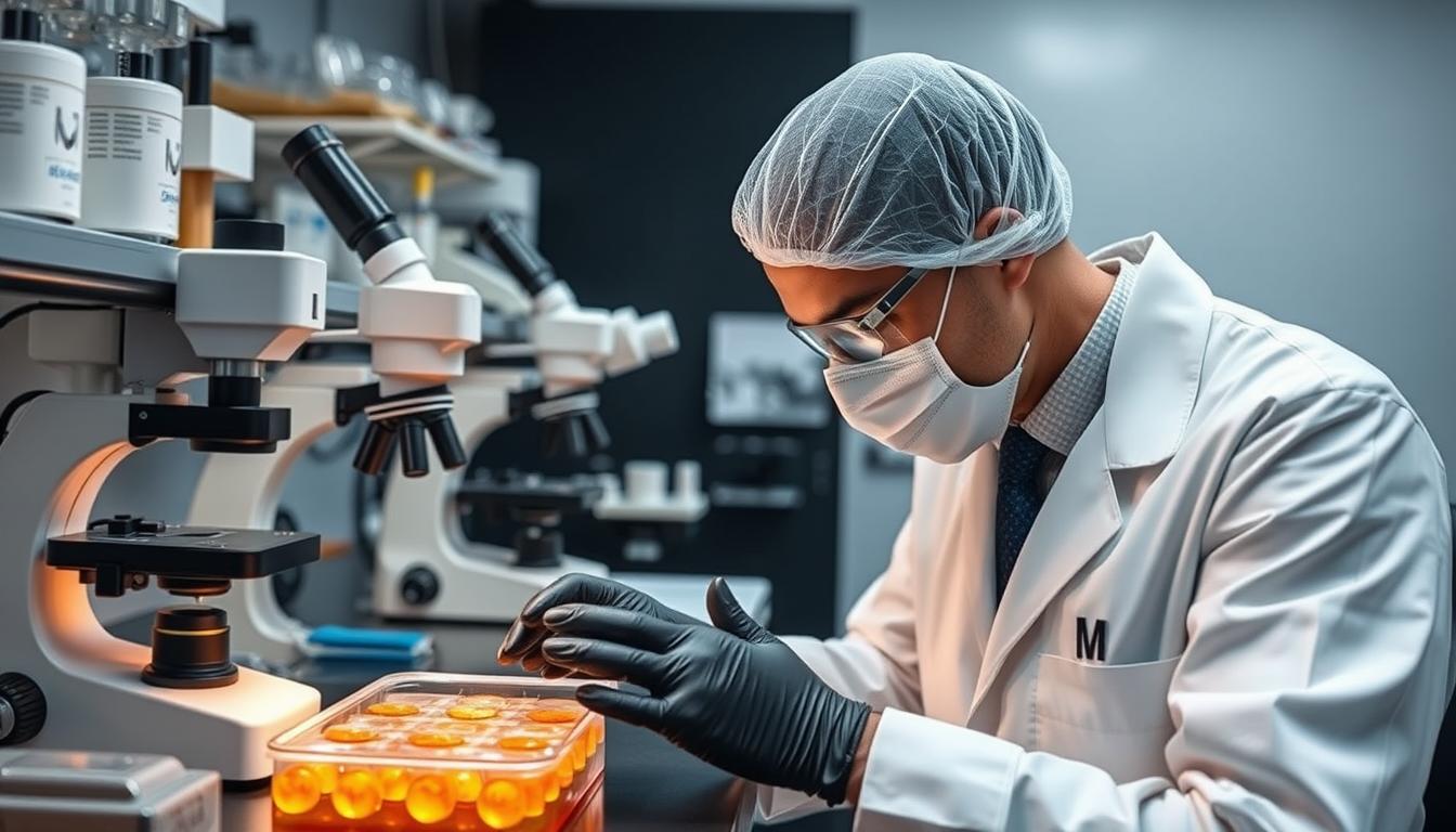 Scientific laboratory testing sandalwood extract on skin samples