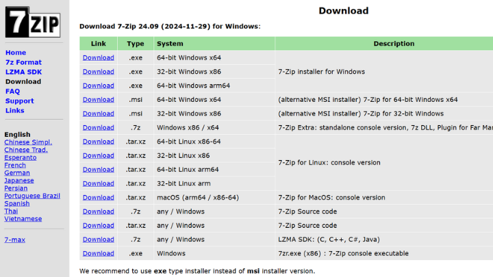 7-ZIP Download Page: Get the Windows, Linux, or MacOS file