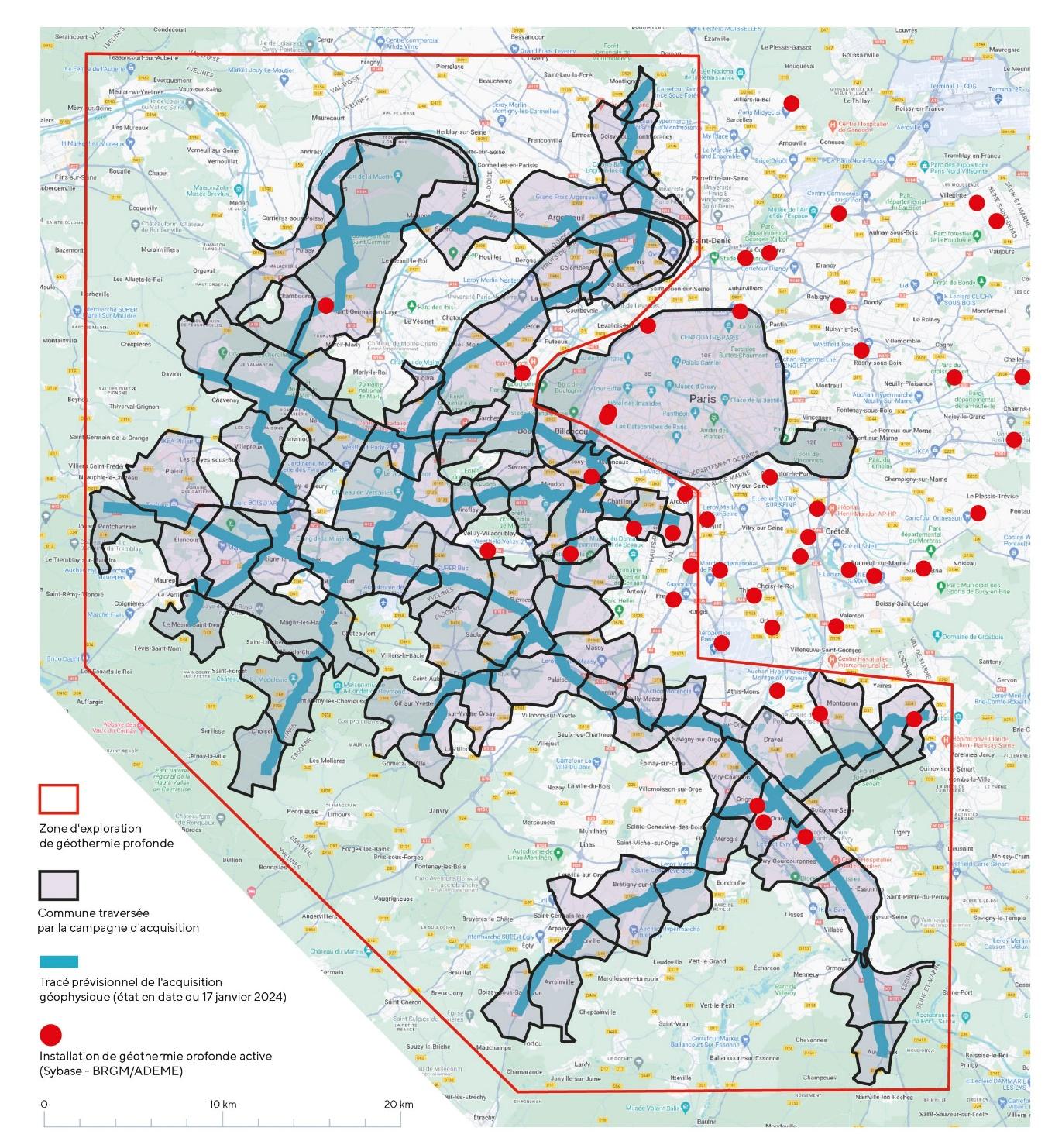 Carte du tracé prévisionnel de la campagne géophysique en Île-de-France (BRGM, ADEME, Région Île-de-France)