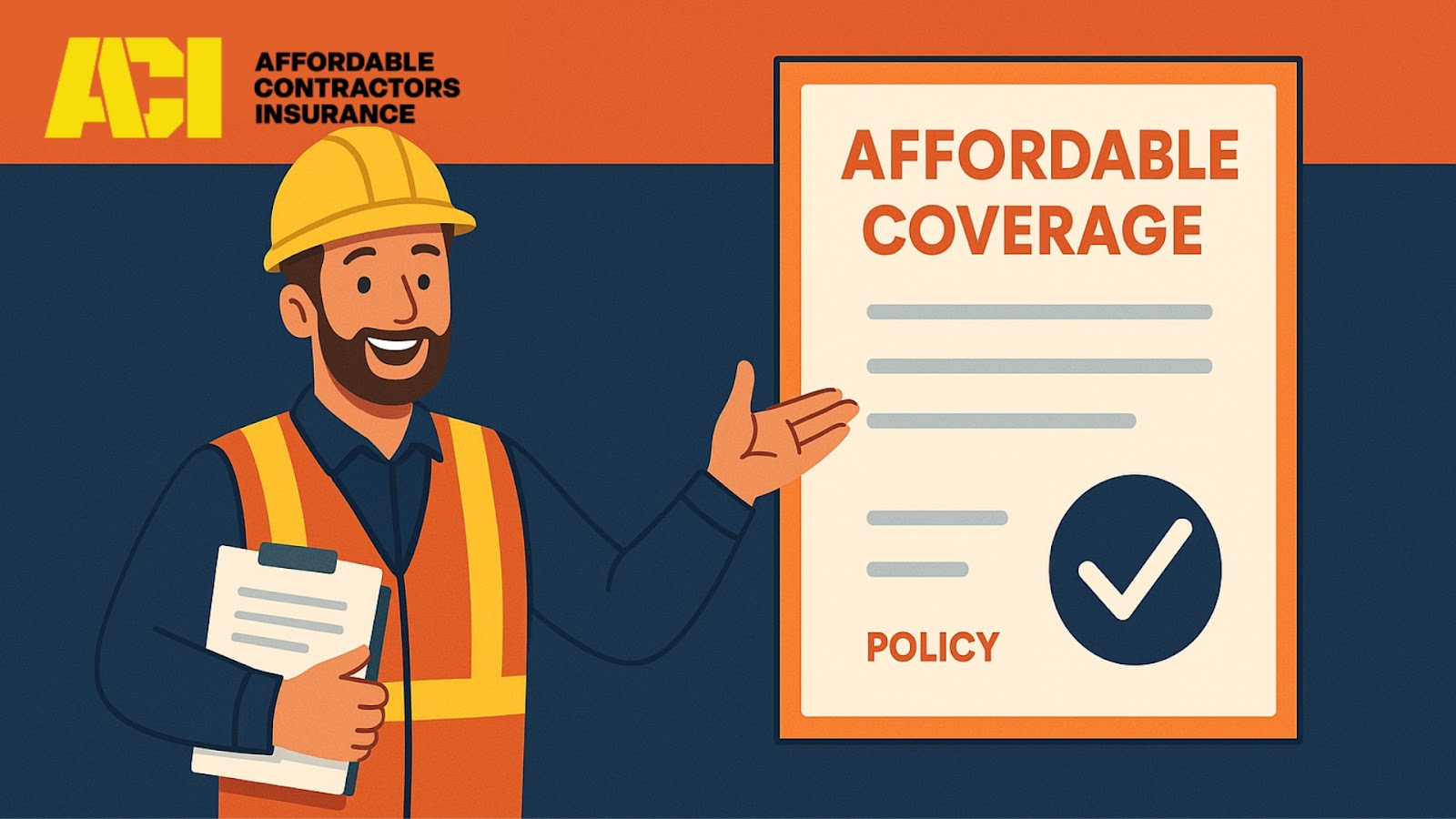 Confident contractor holding affordable insurance plan – header graphic for insurance coverage article
