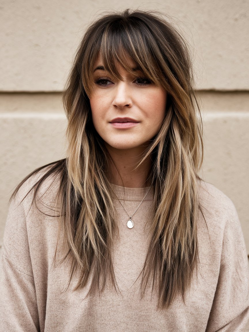 9. Long Layers with Blunt Bangs