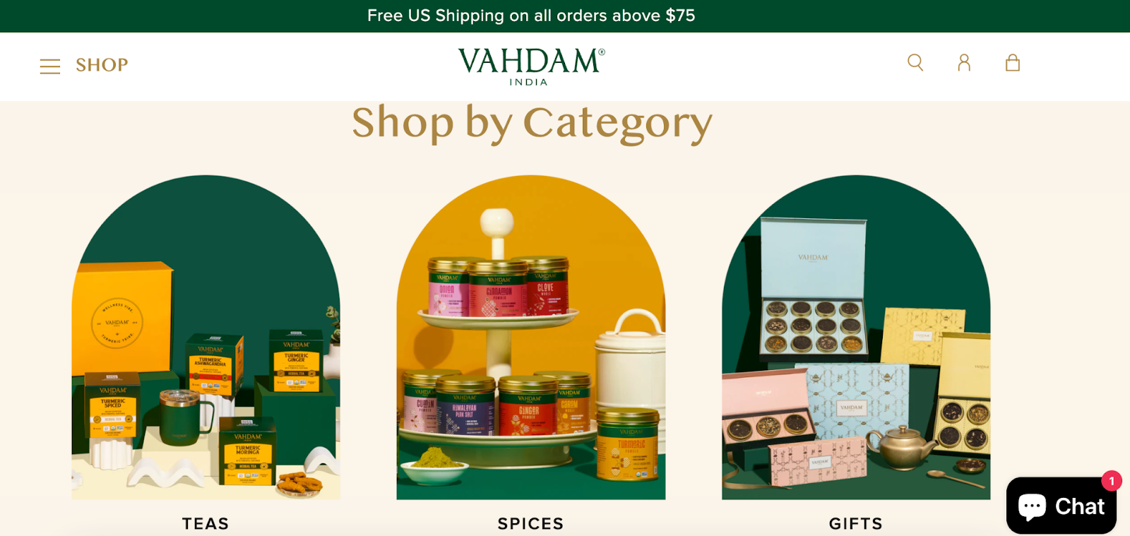 Screenshot highlighting how Vahdam's marketing strategy includes clear categorization of prodiucts. 