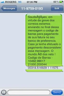 Exemplo de SMS golpe do boleto
