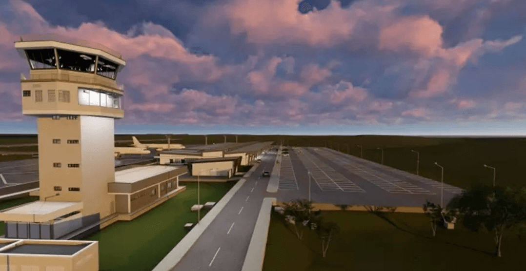Imagem de uma maquete digital do futuro Aeroporto de Vila Oliva, em Caxias do Sul, na Serra Gaúcha, mostrando a torre de controle, o terminal e o estacionamento ao lado. O céu ao fundo exibe nuvens rosadas durante o amanhecer ou entardecer, criando uma atmosfera serena.