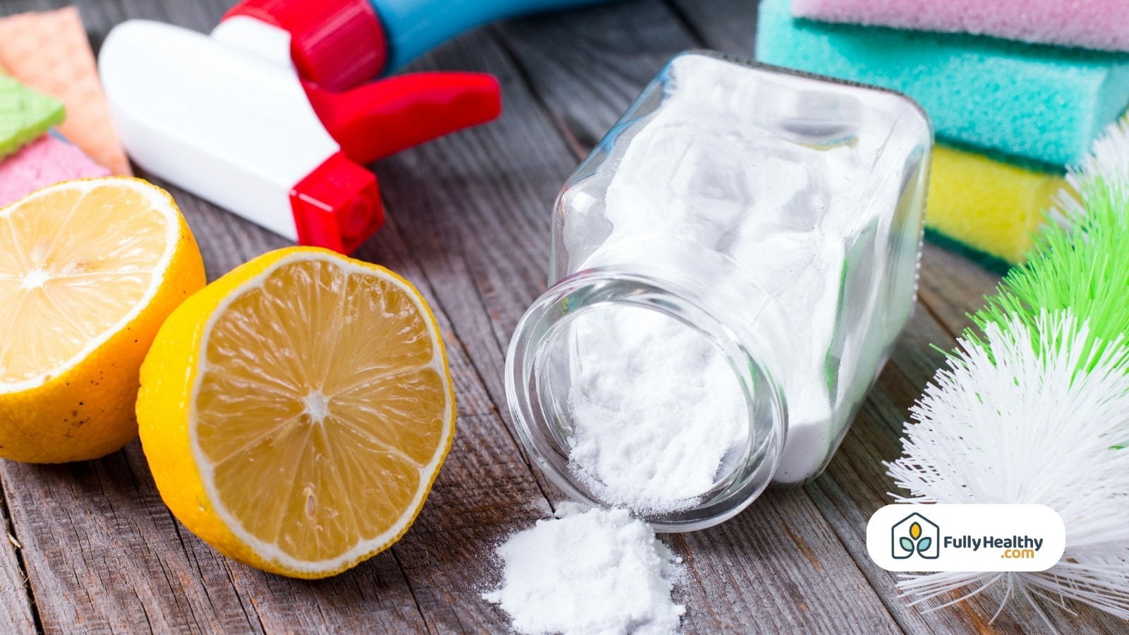 Natural cleaning supplies with lemon and baking soda