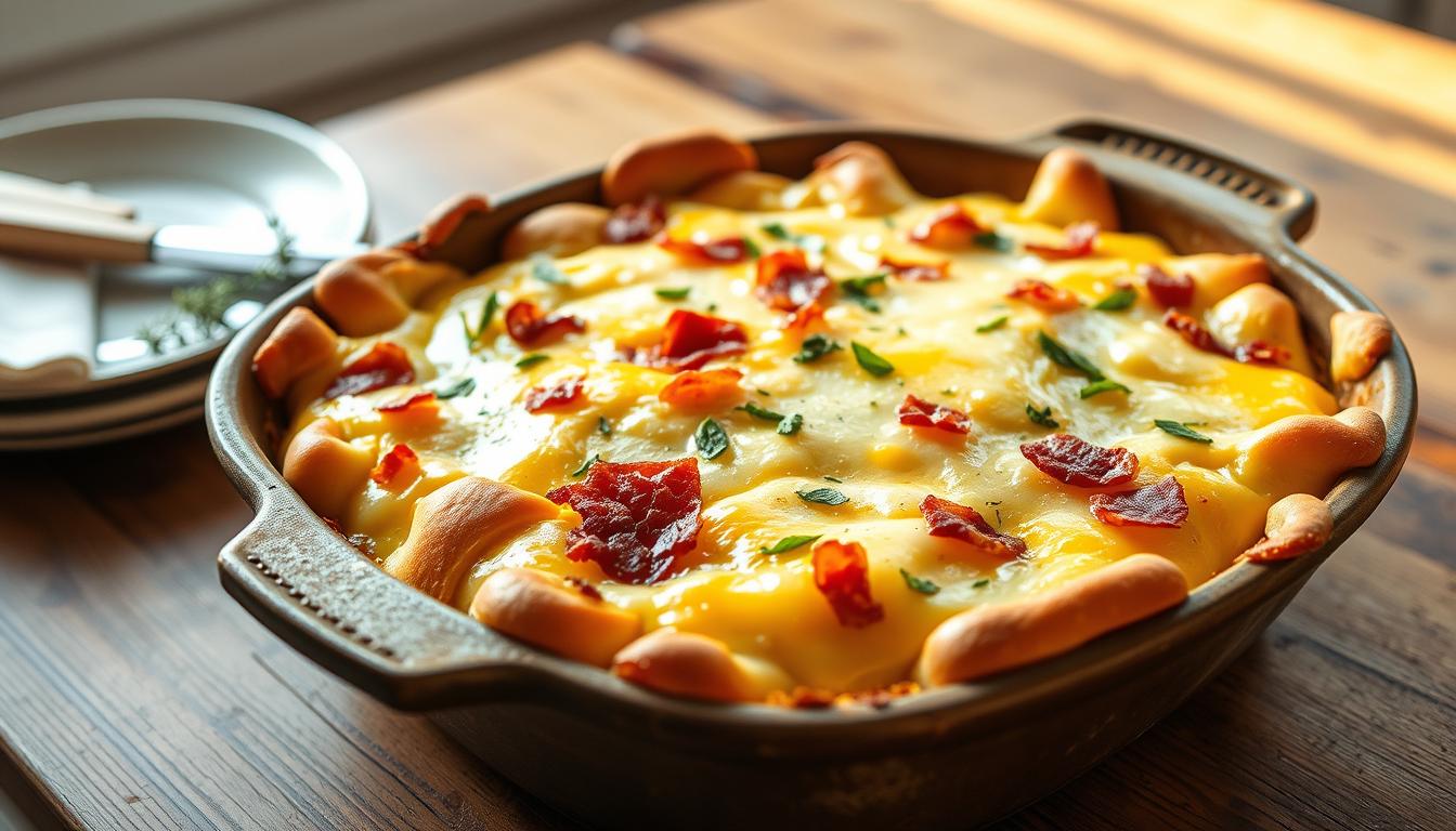 Golden-brown Crescent Roll casserole with scrambled eggs, sausage, and cheese, fresh from the oven.