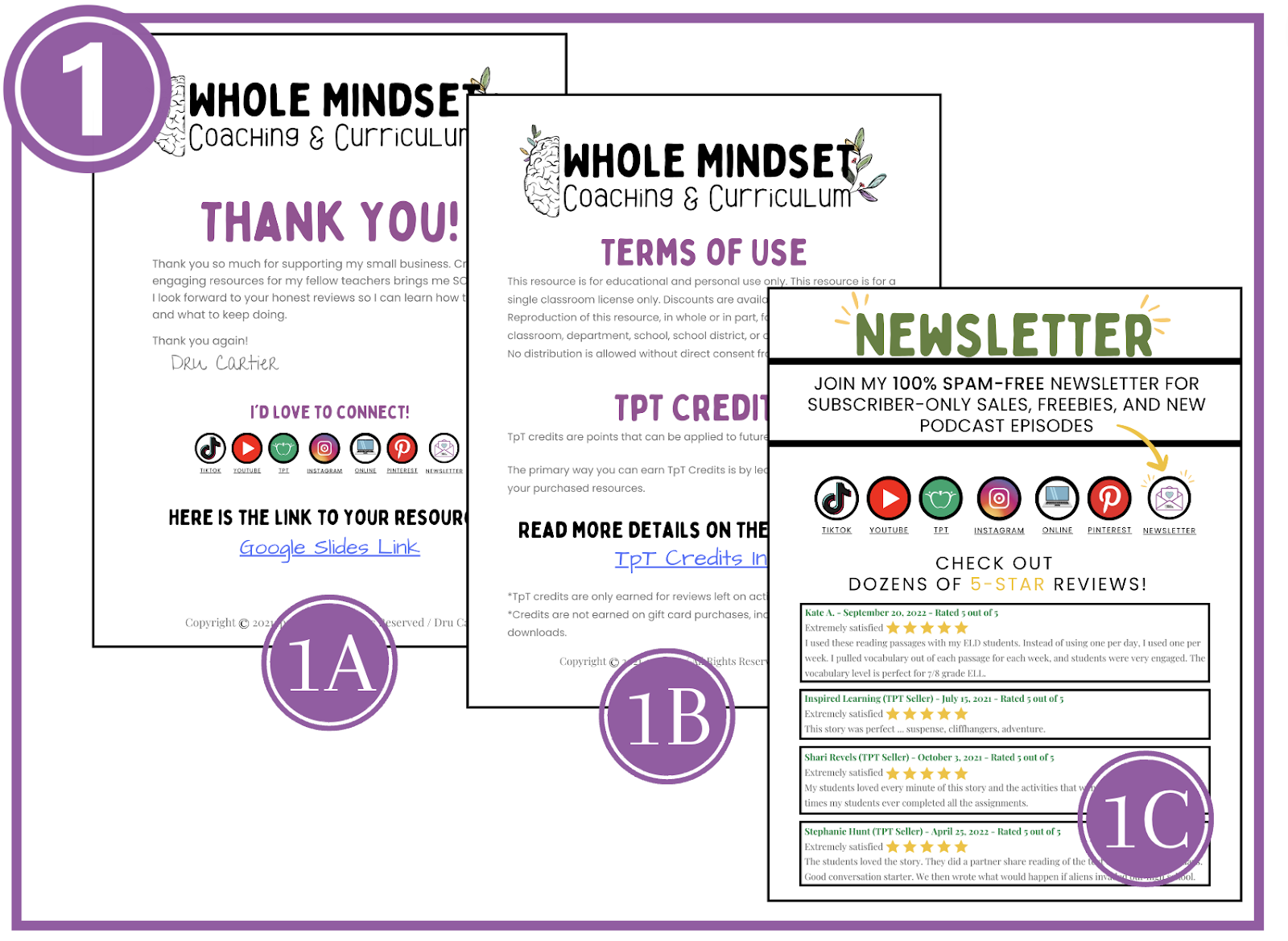 Whole Mindset product pages for Teachers Pay Teachers