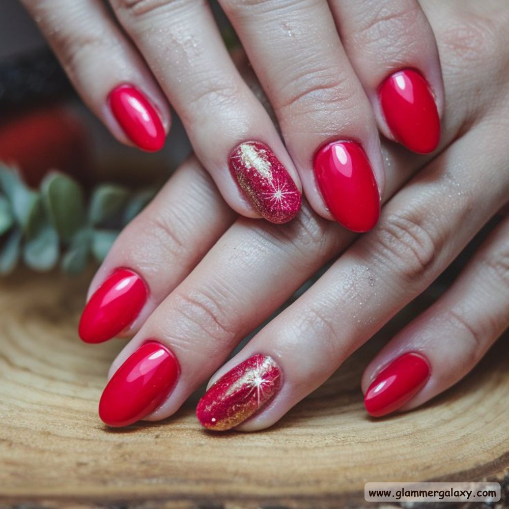 Dark Winter Nails having Vibrant Red and Sparkle
