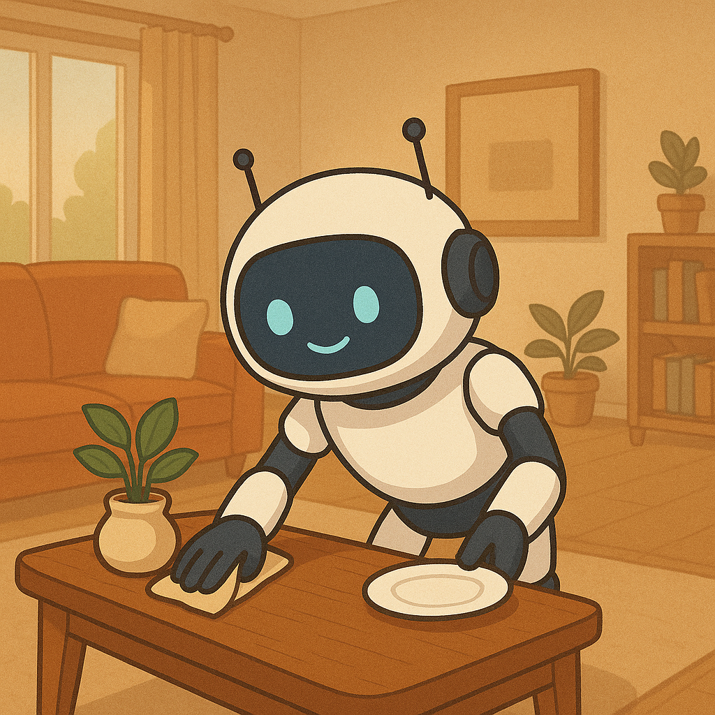 cartoon chatbot tidying up dishes