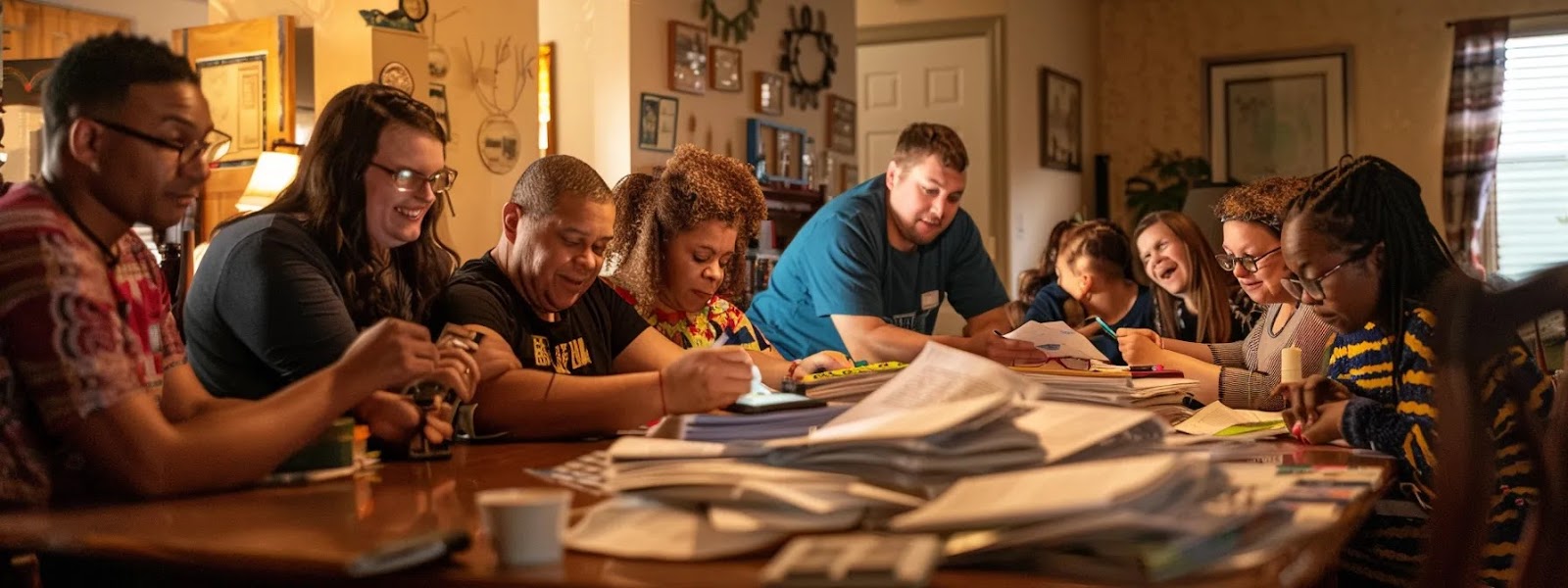 a diverse group of oklahoma city residents, young and old, smiling as they review insurance policies together at a cozy living room table, surrounded by stacks of paperwork and calculators.