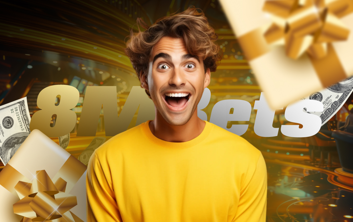 A man holds a gold gift box filled with cash, symbolizing wealth and celebration.