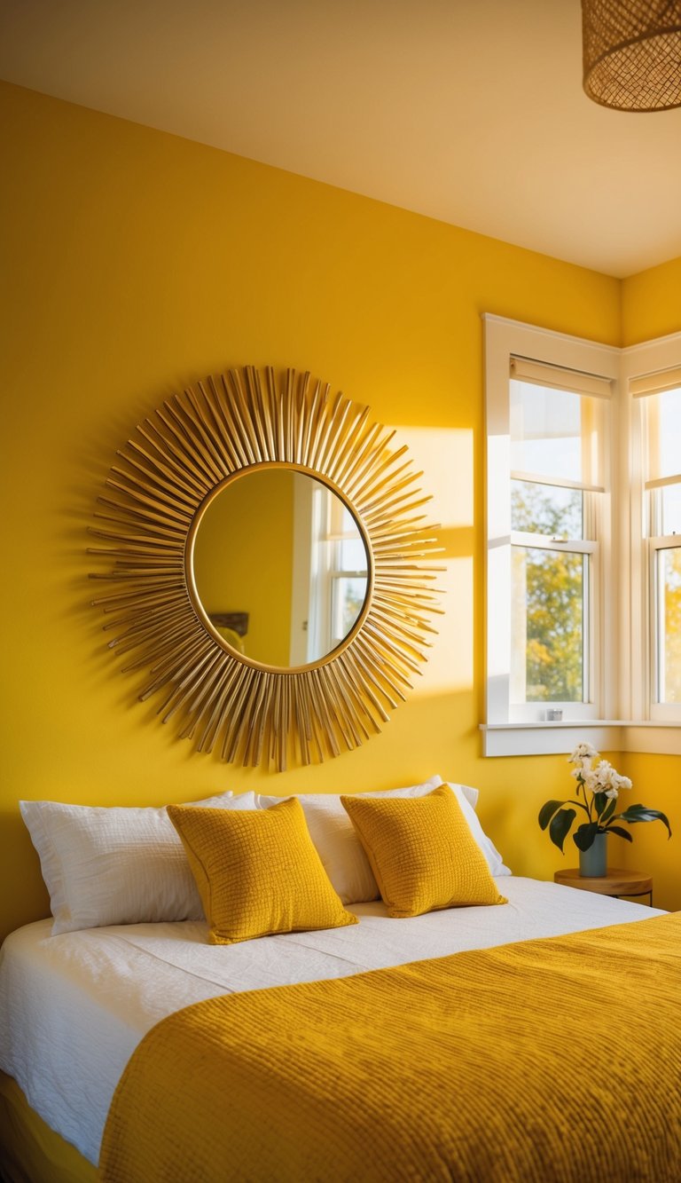 A bright sunburst mirror hangs above a yellow-themed bedroom, with warm sunlight streaming through the window