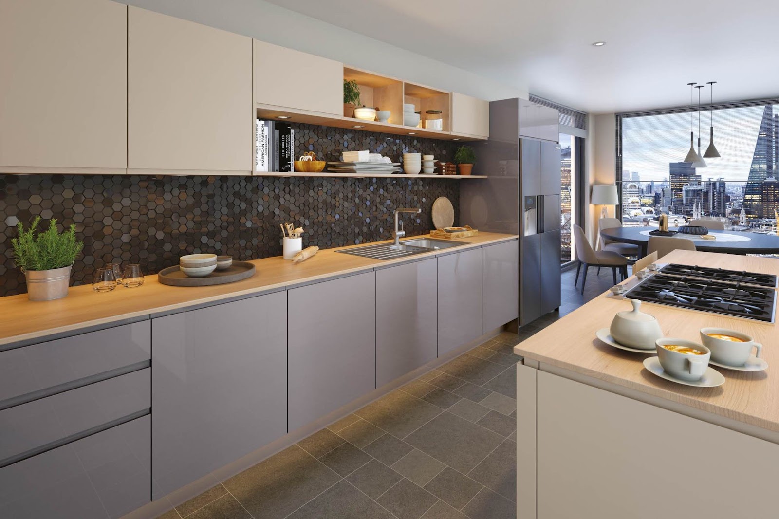 Minimalist kitchen with handleless cabinet doors.