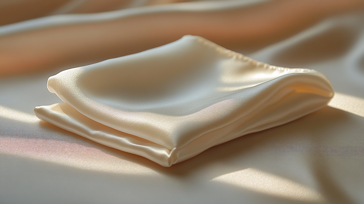 A neatly folded white silk pocket square, placed on a smooth surface with soft lighting. The fabric has a gentle texture, with subtle shadows enhancing its shape. The background is neutral and softly blurred.