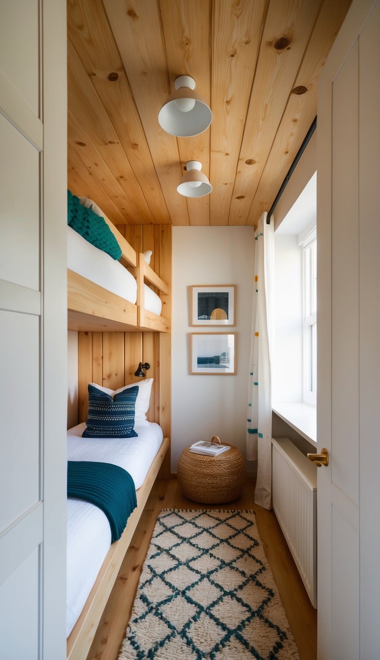 A cozy bunk room in a Scandinavian style with natural wood accents, bright white walls, and pops of color from textiles and decor