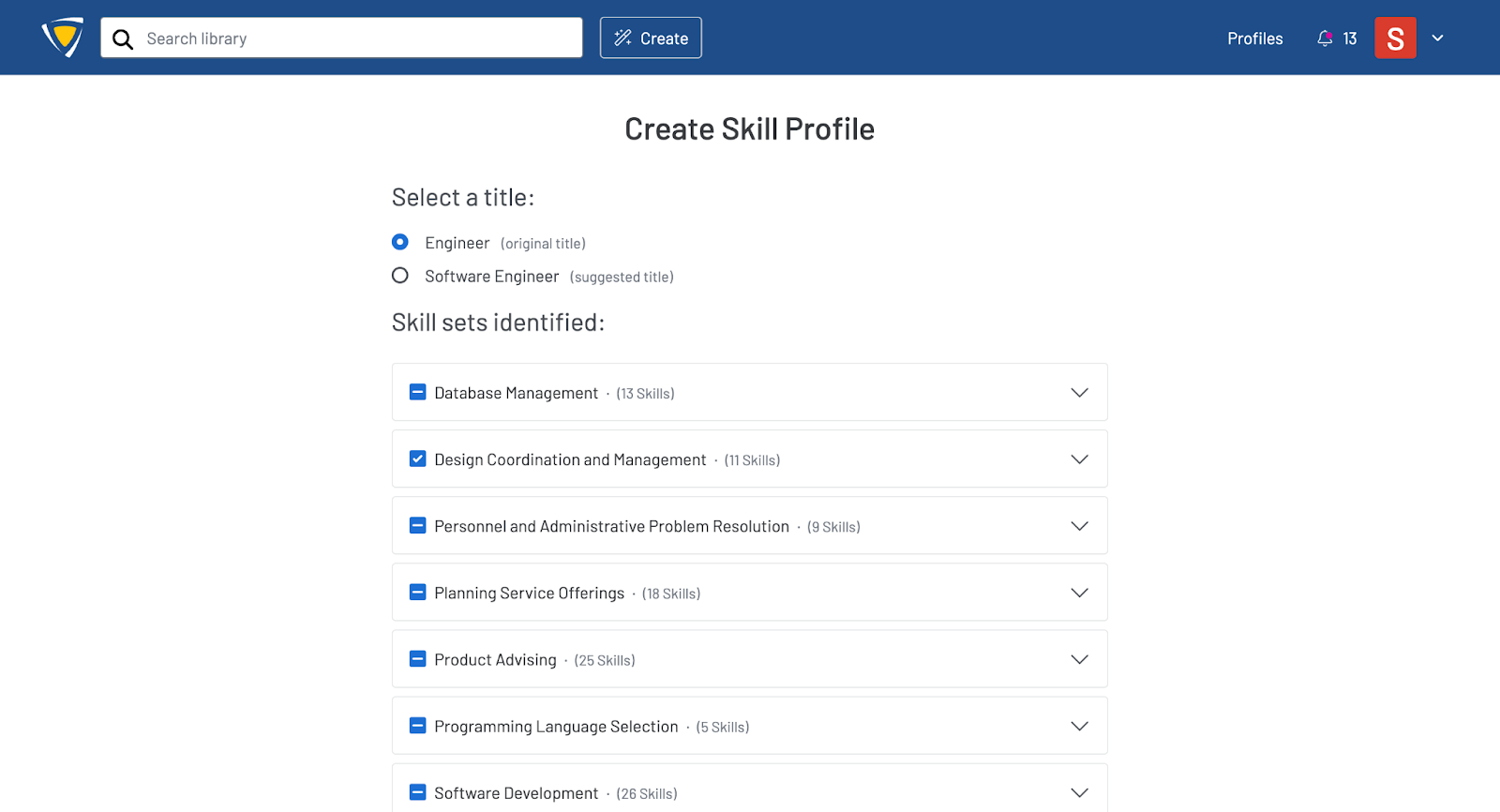 Screenshot of the AI translation results page showing job title options and suggested skill sets you can pick from.