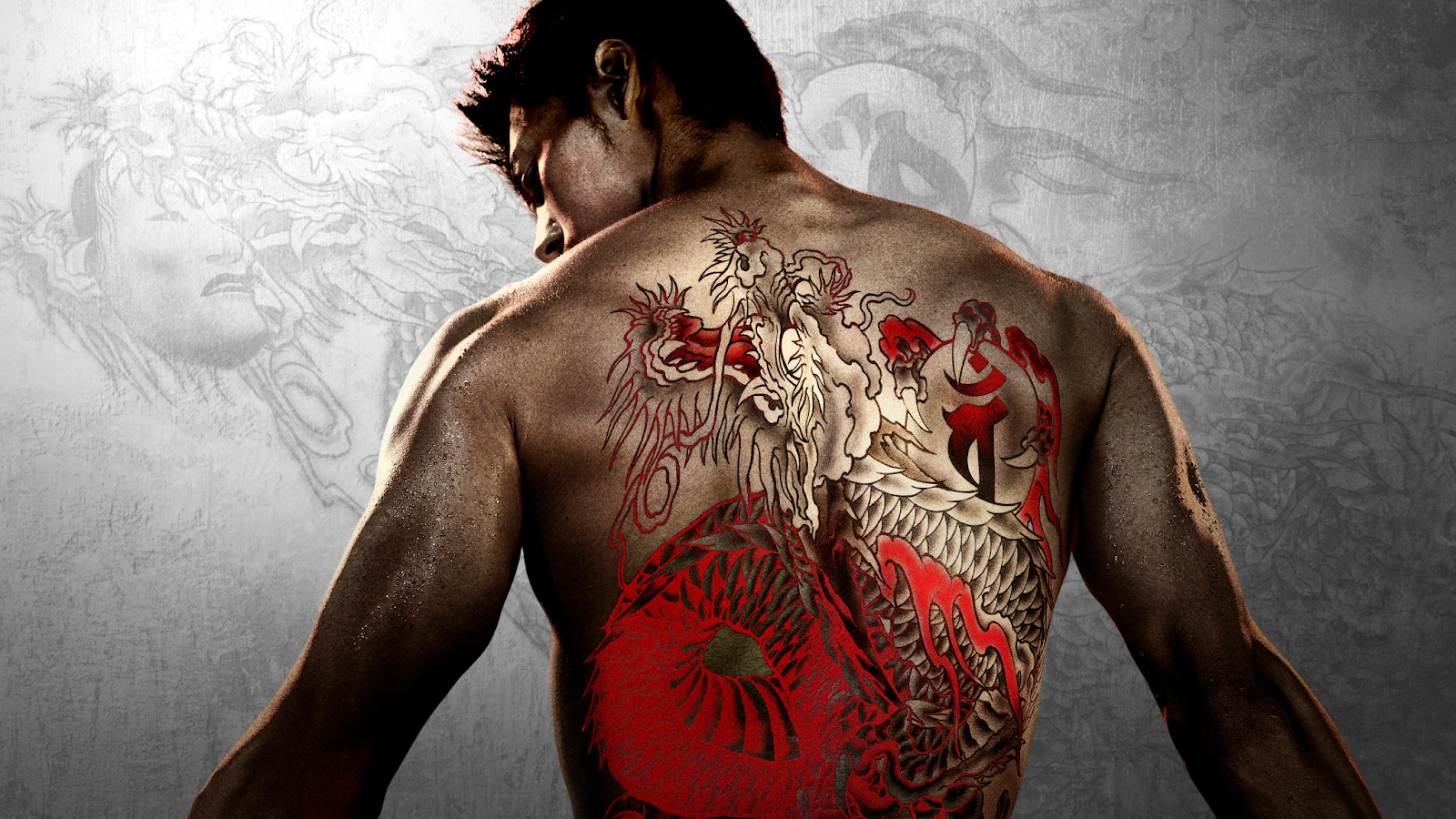 Espalda del protagonista de Yakuza con un tatuaje tradicional japonés, representando la simbología del dragón, un ícono de la serie Yakuza.