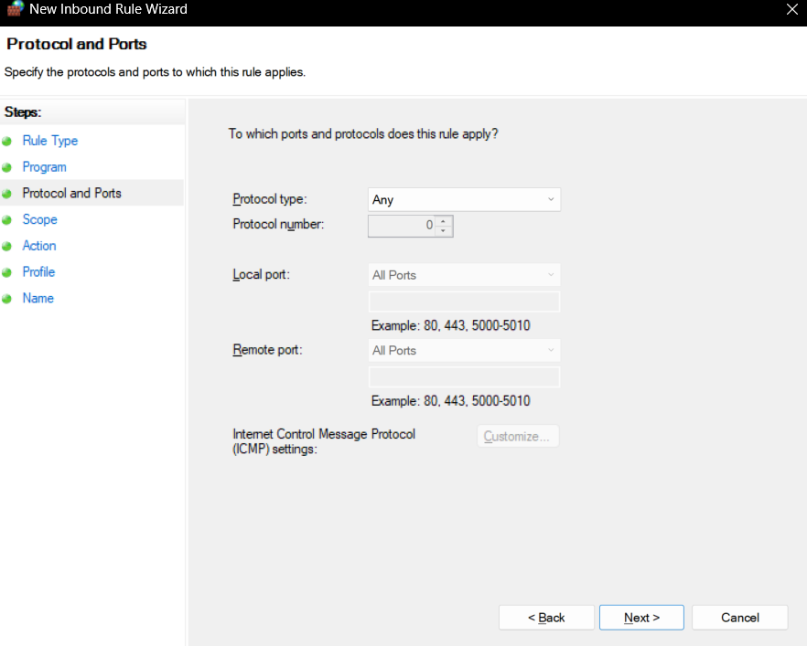 specifying protocols and ports to which the rule applies.