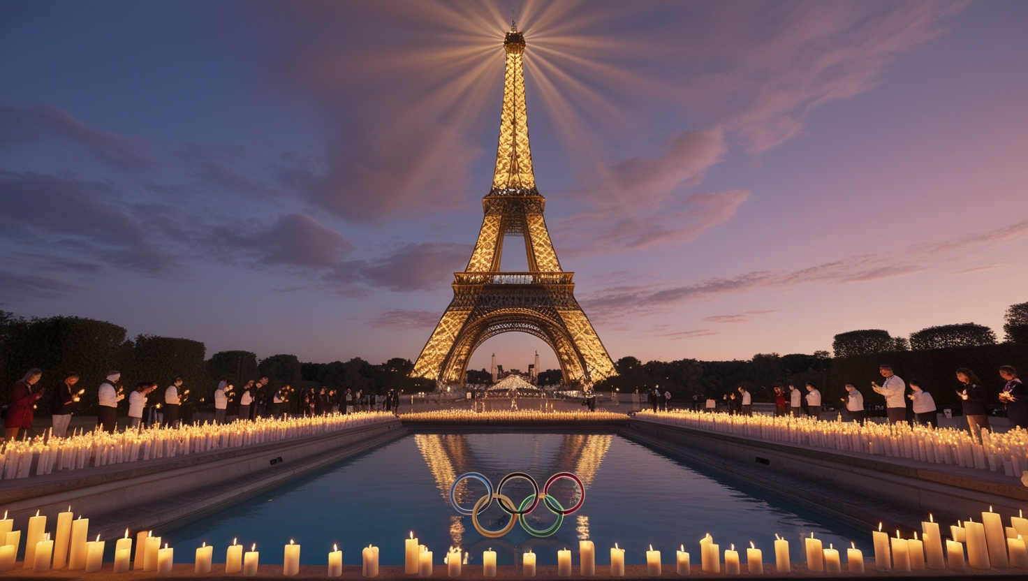 Eiffel Tower Lit Candles Pray Olympic Paris 2024