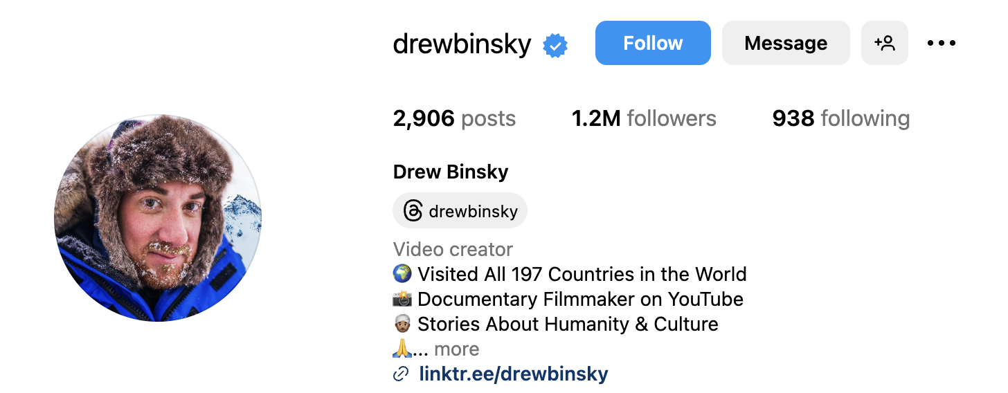 Travel documentarian Drew Binsky instagram profile