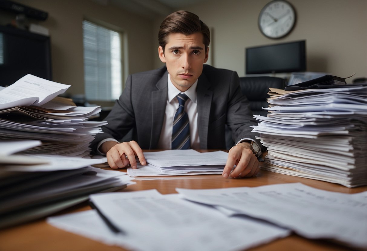 A cluttered desk with scattered legal documents and a confused expression on a person's face