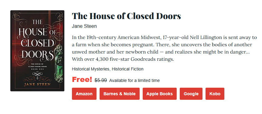 a screenshot of the house of closed doors book a bookbub historical fiction deal