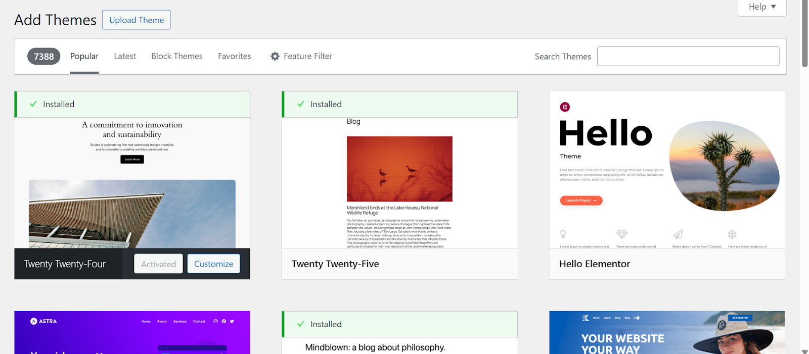 a screenshot of themes section