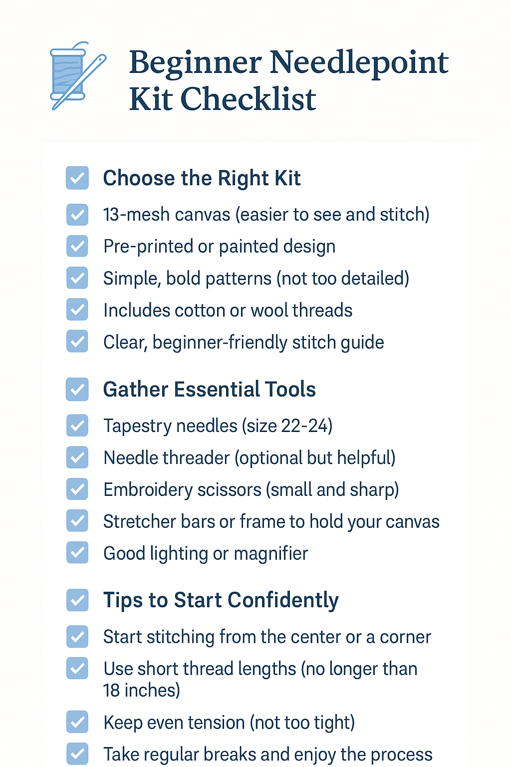 needlepoint kit for beginners checklist showing all you need before starting your first needlepoint project
