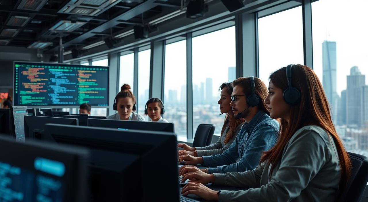 A diverse group of cybersecurity professionals working together in a high-tech control room, surrounded by multiple screens displaying data, codes, and security alerts, focused expressions, wearing headsets and casual tech attire, a blend of genders and ethnicities, with a futuristic city skyline visible through large windows in the background.