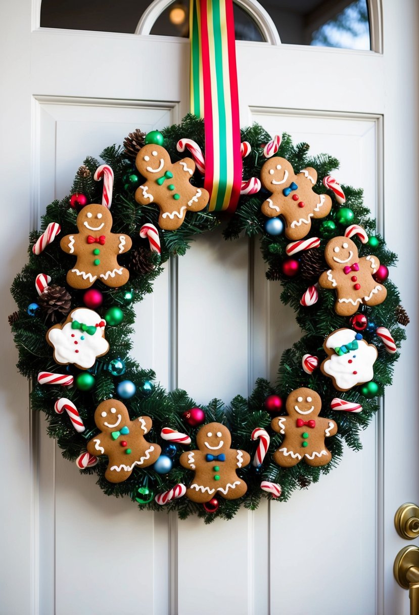 A festive wreath made of gingerbread men, candy canes, and colorful ribbons, hanging on a front door