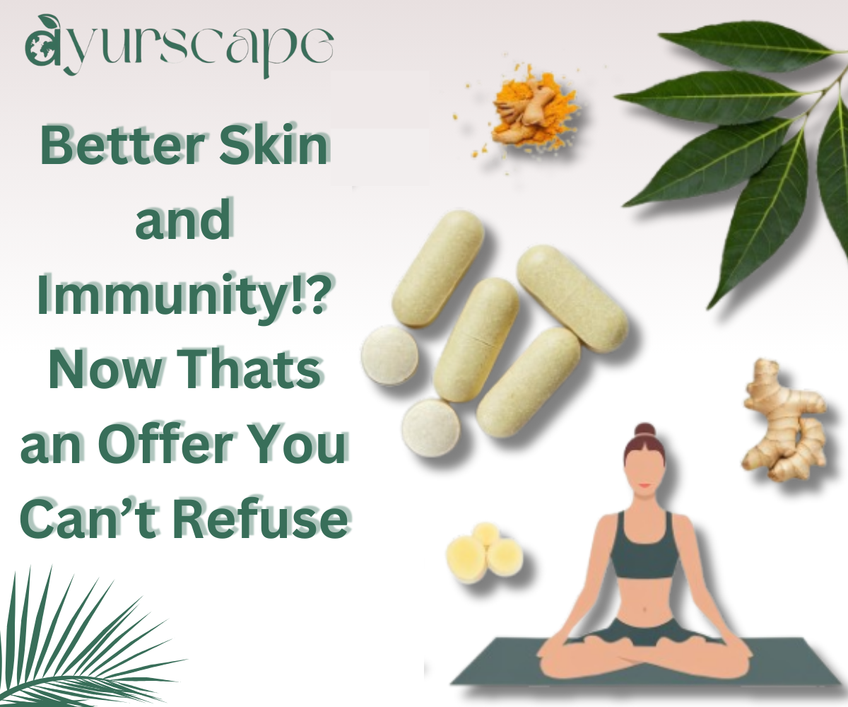 Buy Ayurvedic Neem Tablets for Immunity and Skin Health - Graphic of woman doing yoga surrounded by neem leaves and Tablets