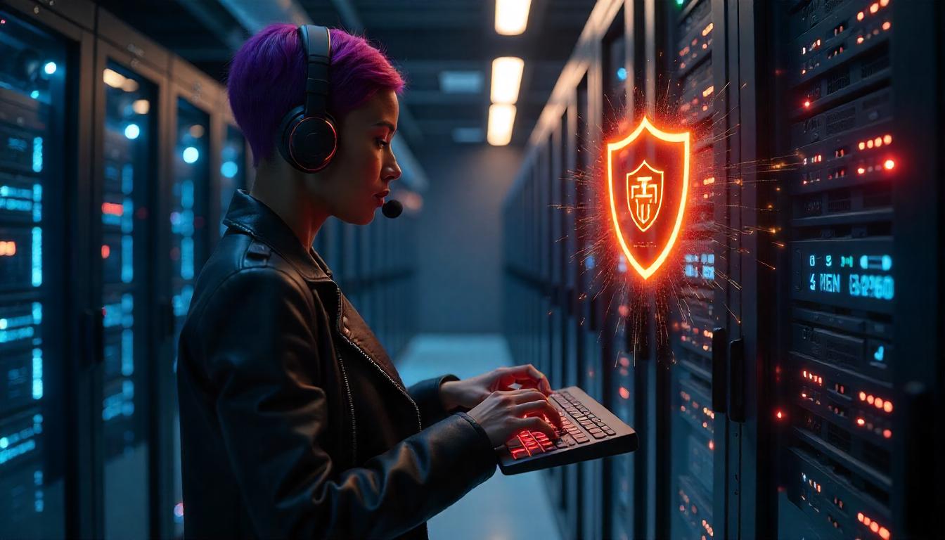 The individual, clad in a cyberpunk-inspired attire and engaged with the secure, rapidly updating interface before them, represents the benefits scalable security solutions, where a flexible, centralized framework can empower security professionals to protect complex, evolving digital environments.