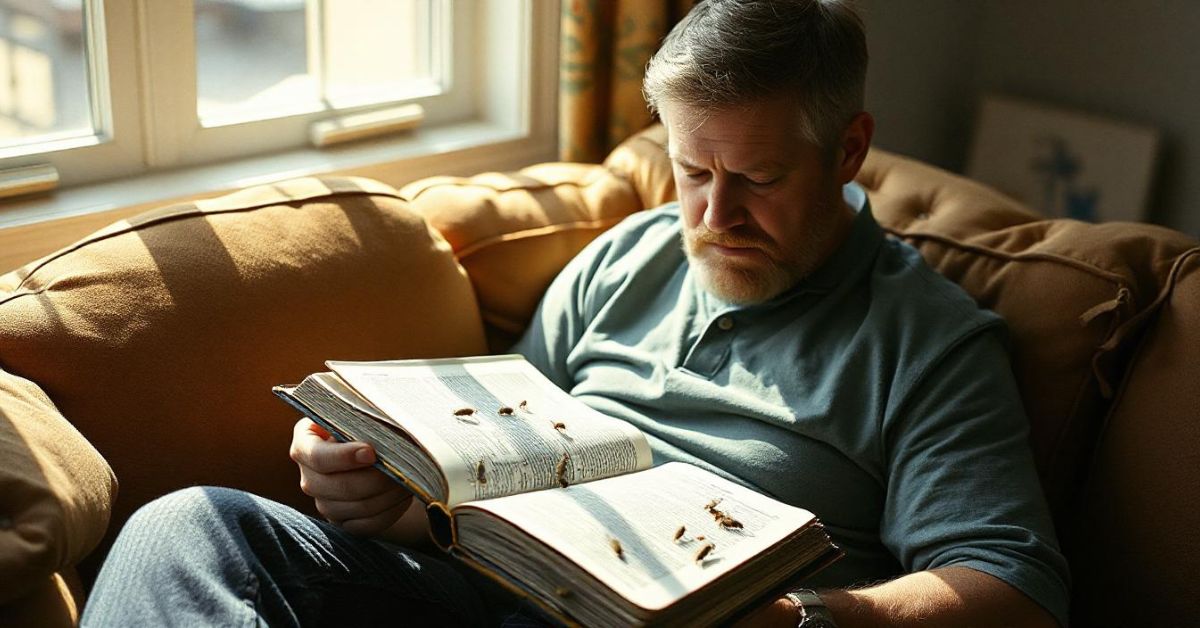 A man sits on a couch, engrossed in reading "Spiritual Lessons from Flies," surrounded by a cozy atmosphere.
