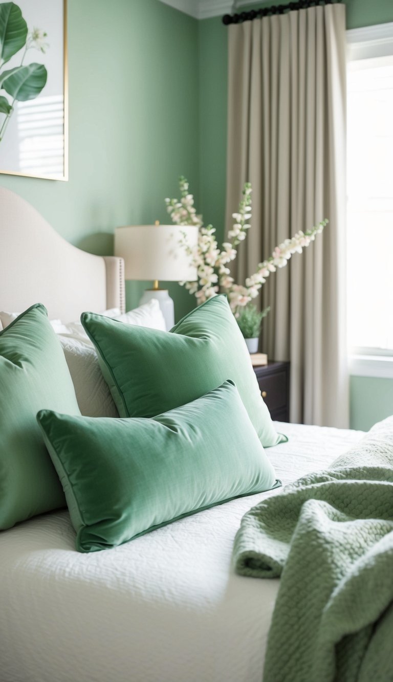 A cozy bedroom with pistachio green cushions, soft lighting, and botanical accents