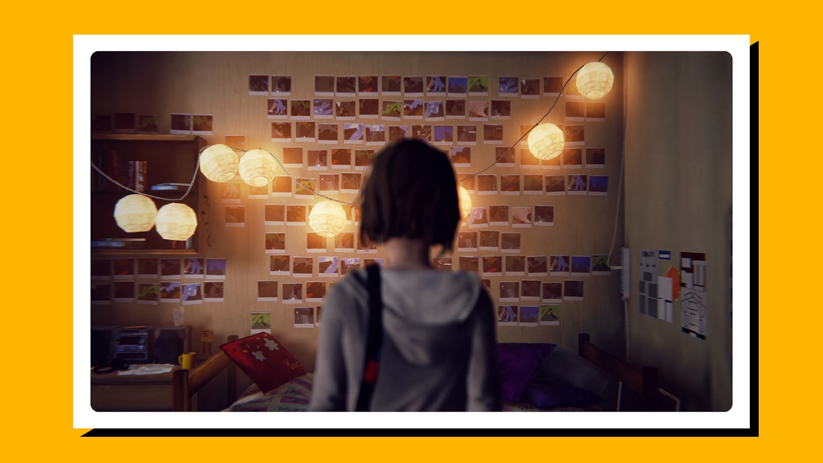 Screenshot of gameplay from Life Is Strange with a girl staring at a wall covered in photos