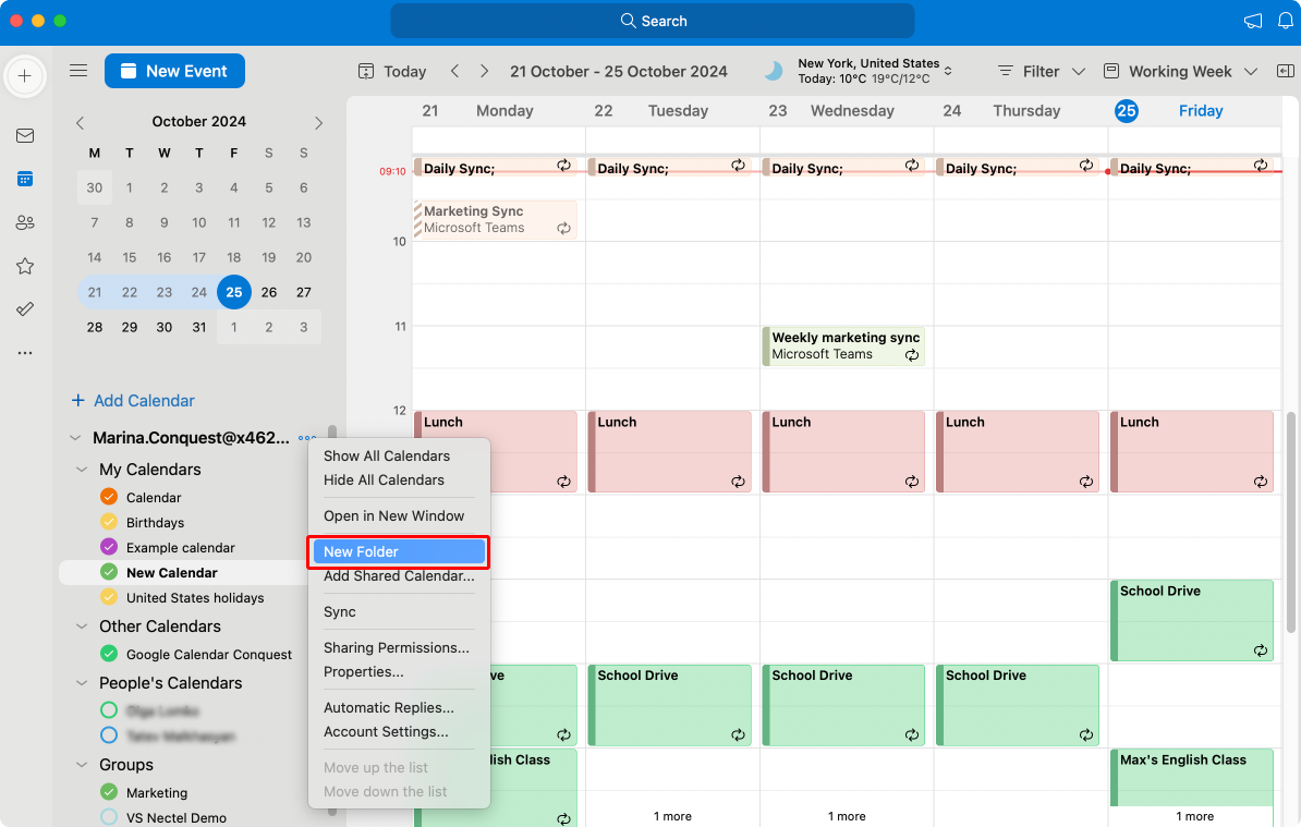 Pic. 6. Creating a new calendar from scratch in Outlook for Mac.