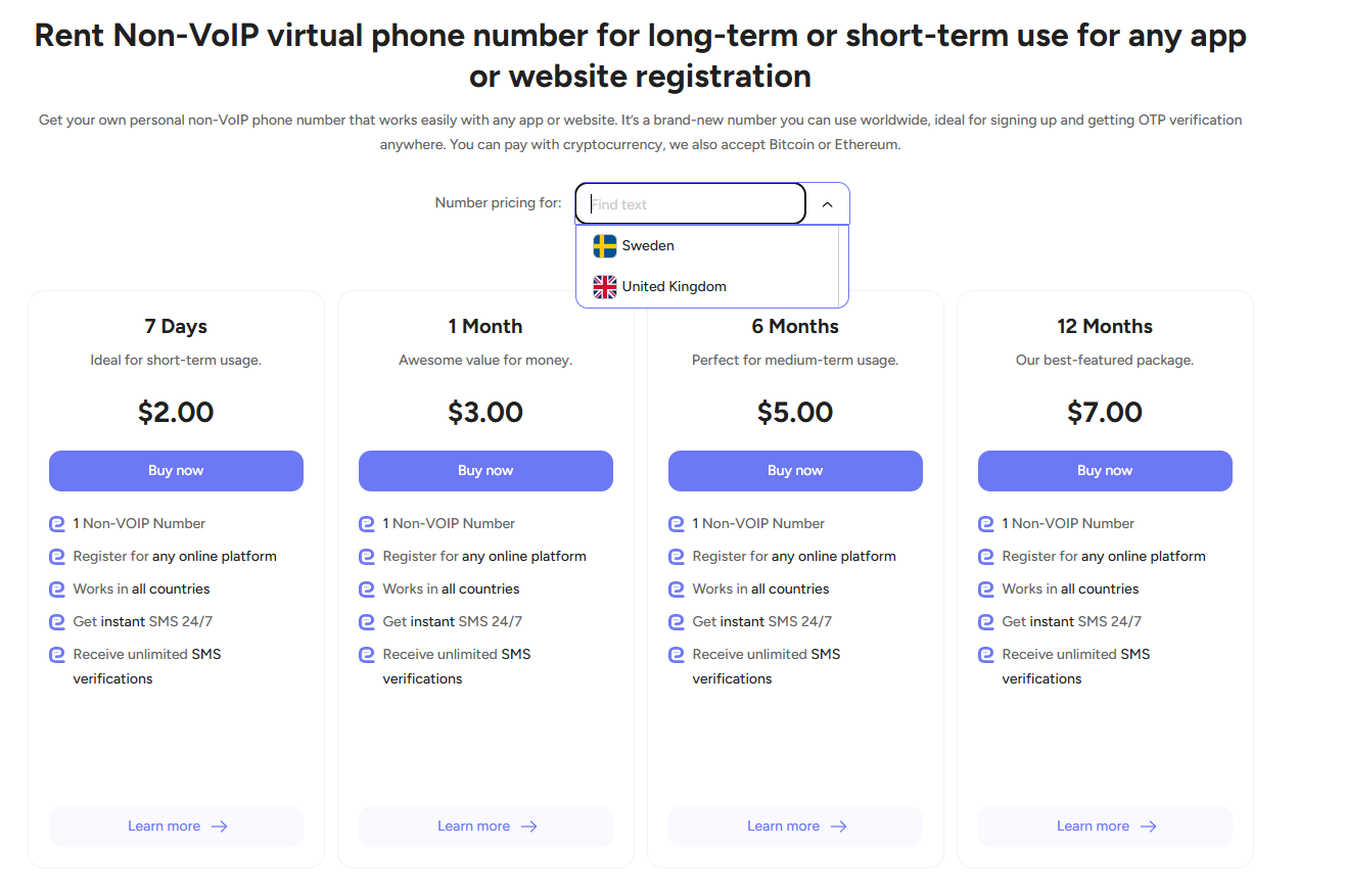 buy a virtual number page