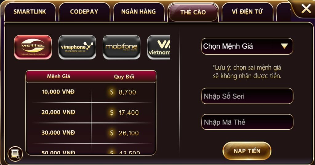 Nạp qua thẻ cào